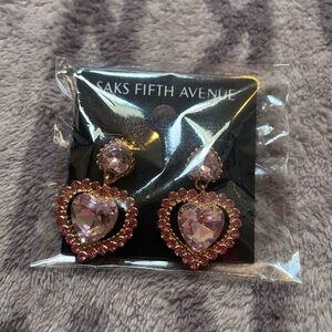 NWT Saks Fifth Avenue Rose Pink Heart Crystal Drop Earrings